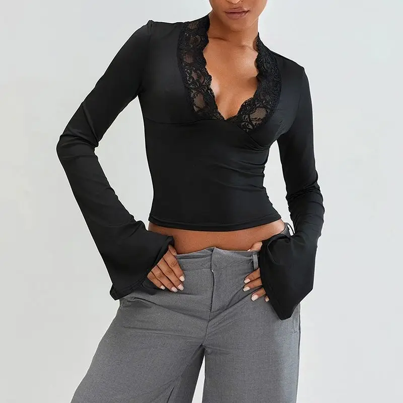 Womens Flare Long Sleeve Tops Sexy Lace Panel Deep V Neck Shirt Elegant Going Out Blouses Tops Streetwear