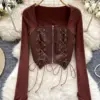 SINGREINY Fashion PU Leather Splice Blouse Ladies Squre Neck Long Sleeves Lace Up T Shirt Streetwear Zipper Vintage Slim Top