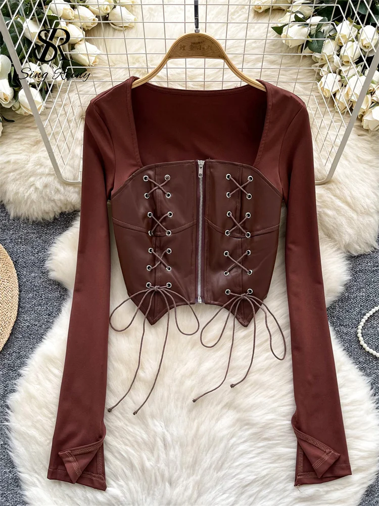 SINGREINY Fashion PU Leather Splice Blouse Ladies Squre Neck Long Sleeves Lace Up T Shirt Streetwear Zipper Vintage Slim Top