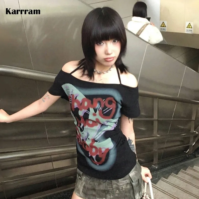 Karrram Japanese Y2k Graffiti Print T-shirt Trashy 2000s Style Off Shoulder Tops Vintage Harajuku Short Sleeve Halter Tshirt 90s