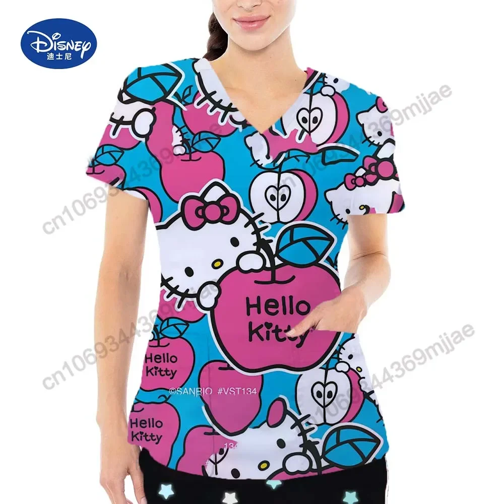 Leisure and comfortable Hello Kitty cartoon pattern printed women's T-shirt 2024 V-neck design Y2k style women's nurse uniform
