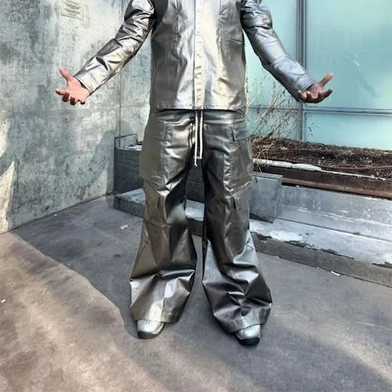 High Street Vintage Matte Coated Cargos for Men and Women Wide Leg Drawstring Baggy Leather Pants Oversized Cleanfit Trousers