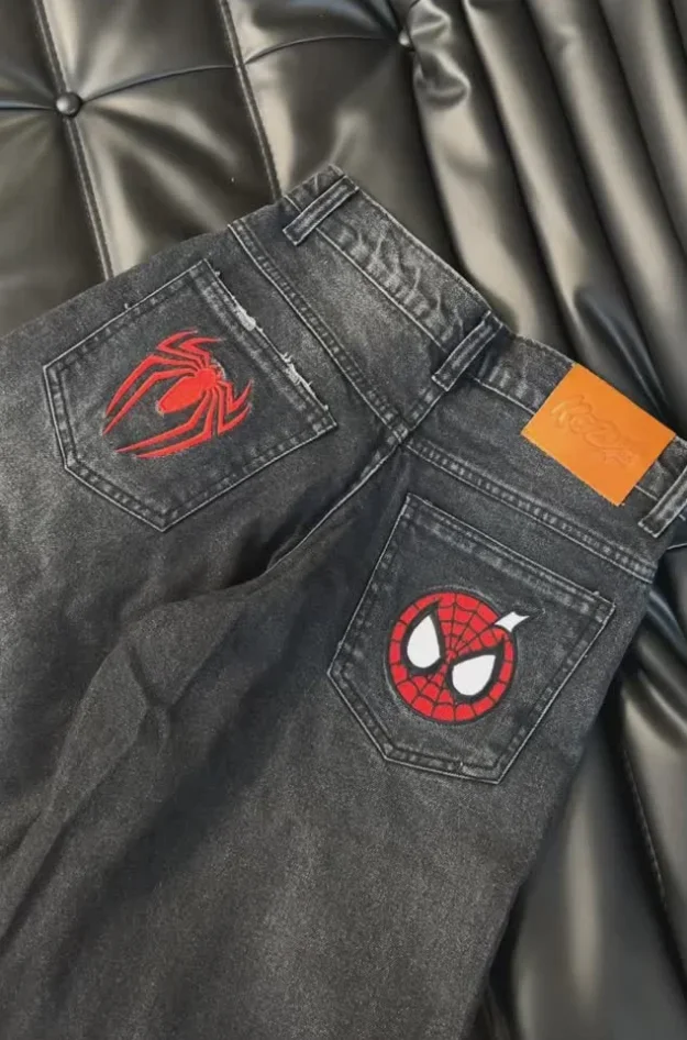 Y2K American Street Style Kawaii Spider Embroidery Loose Skate Jeans Hip-hop Fashion Gothic Retro Denim Pants