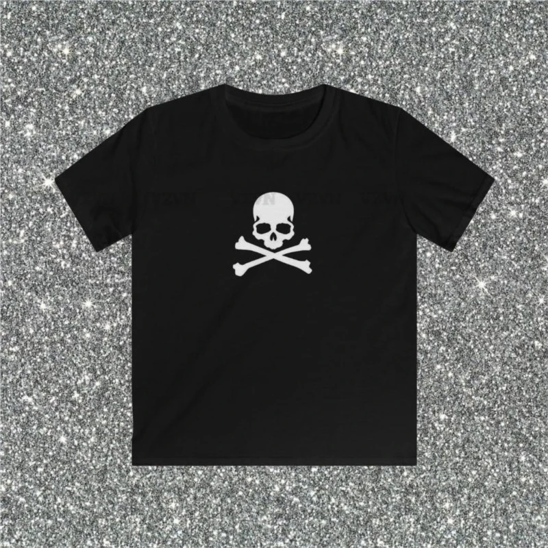 Fun Vintage Women Casual Baby Tee Streetwear Aesthetic Short Sleeve T-Shirt Y2k Clothes Gothic Emo Girl Croped Tops skull Print