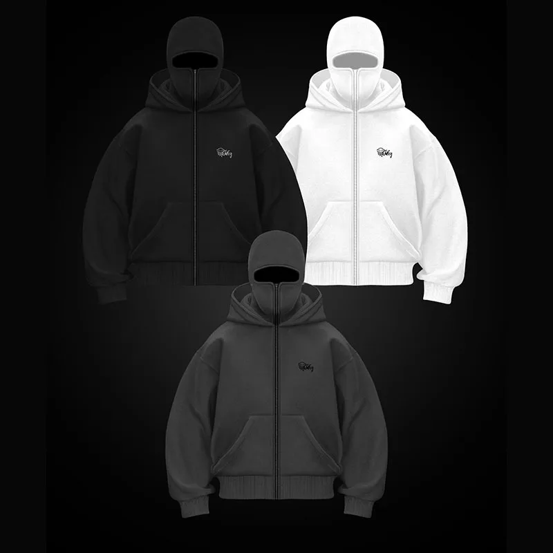 Men Women Autumn Winter Loose Casual Outwears Coats Gothic Street Long Sleeve Zip Up Hooded Mask Sweatshirts Y2k Hip Hop 2025