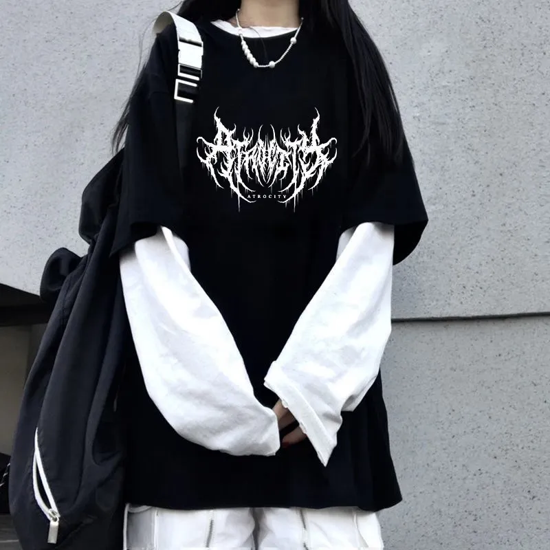 Female T-shirt fake two coats lightning letter printing Y2K Gothic punk super retro hip-hop street fashion Kawaii