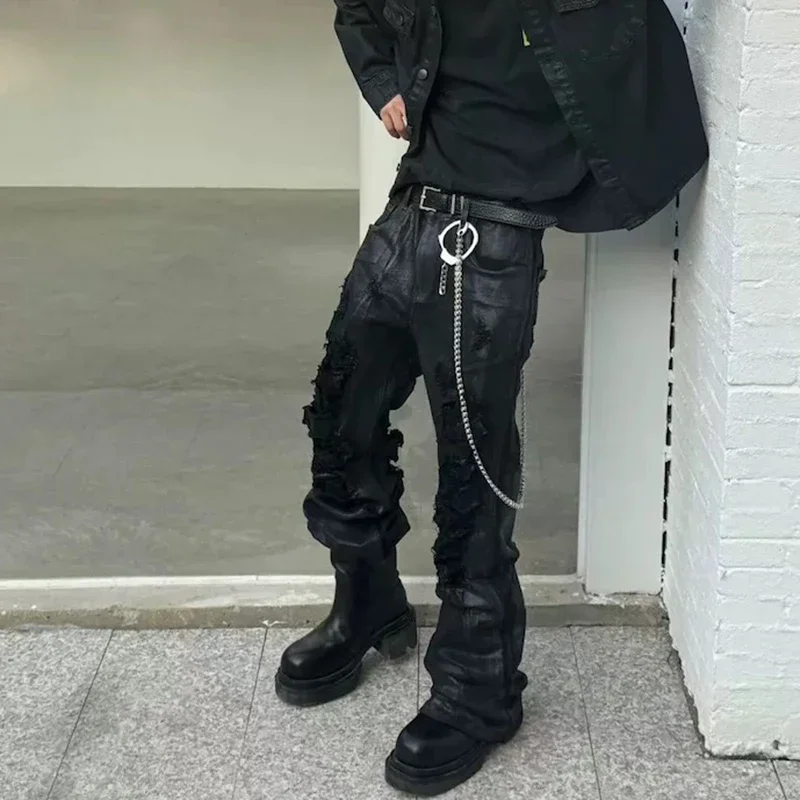 High Street Ripped Damaged Coatted Wax Baggy Flare Pants for Men Straight Hole Frayed Leather Trousers Distressed Loose Cargos