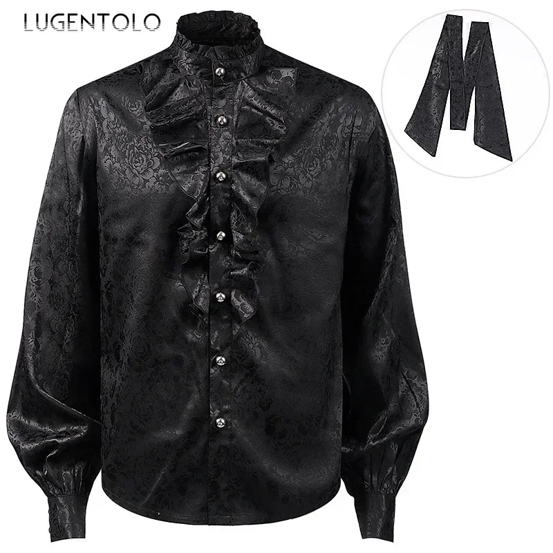 Men Steampunk Dark Striped Shirts Medieval Costume Victorian Top Underneath Retro Casual Party Gentleman Elegant Cloth Lugentolo