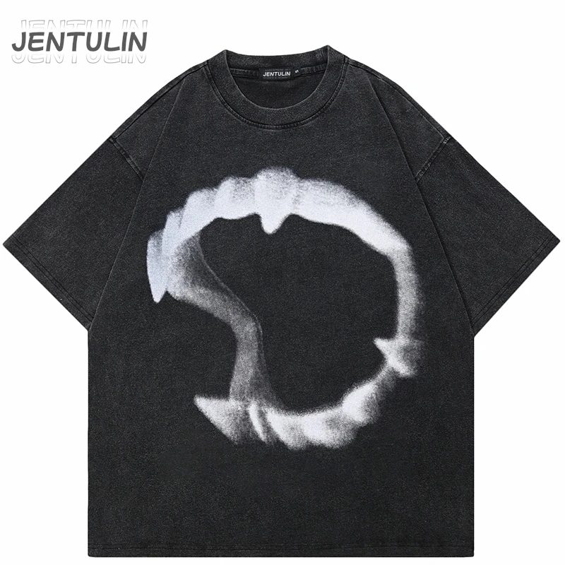 Hip Hop Streetwear Men Clothing Oversized Goth Teeth Graphic Print Tshirt Retro Washed Black Unisex Short Sleeve Cotton Tops Y2K