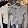 Solid Knitted Long Sleeve T-Shirt Clothes Autumn Hooded Pocket Slim Sexy Tee Shirt Casual Simple Vintage Y2k Crop Top for Woman