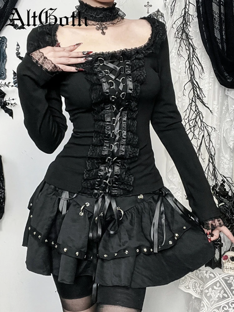 AltGoth Aesthetic Goth T-shirt Women Hotsweet Y2k E-girl 2000s Streetwear Lace Patchwork Square Collar Long Sleeve Crop Tee Tops
