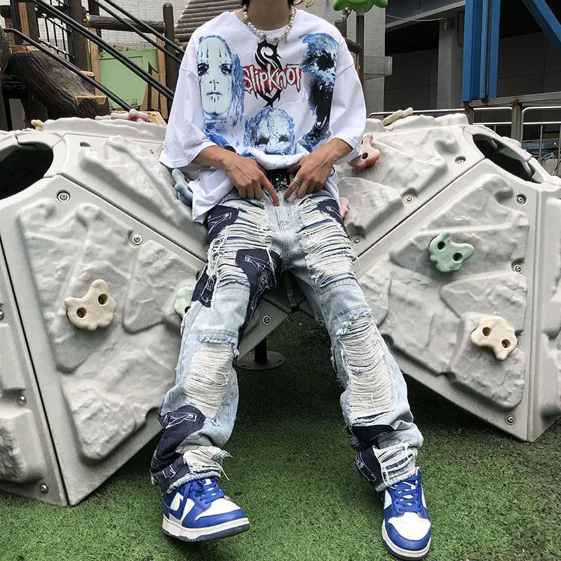 American style high street washed distressed loose jeans for men and women straight leg personalized hip-hop casual pants y2k