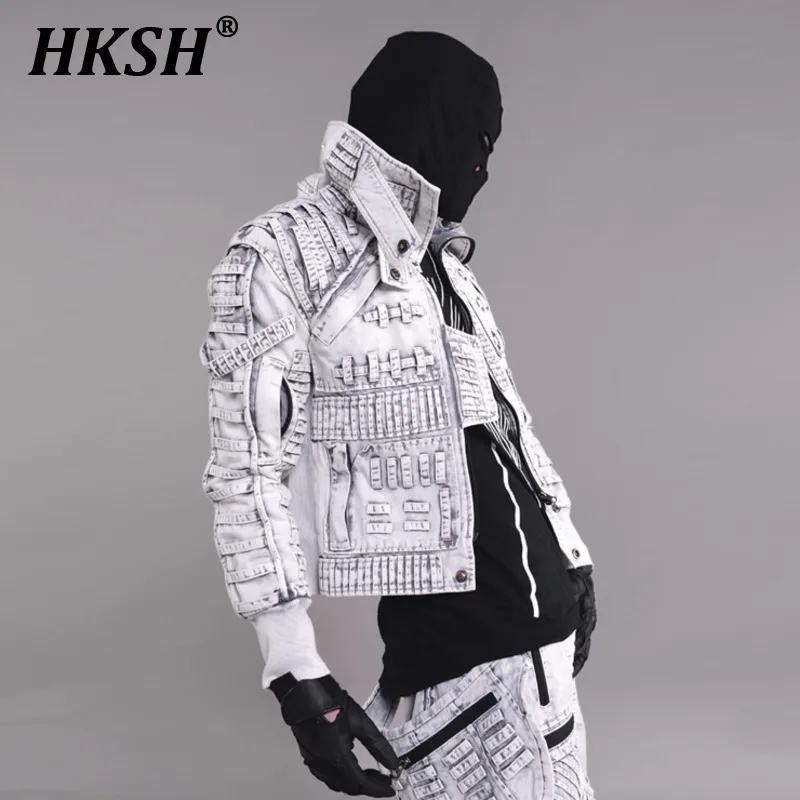 HKSH Men's Tide Punk Avant-garde Niche Design Deconstructs Coat Waste Land Asymmetrical Distresses Slim Motorcycle Jacket