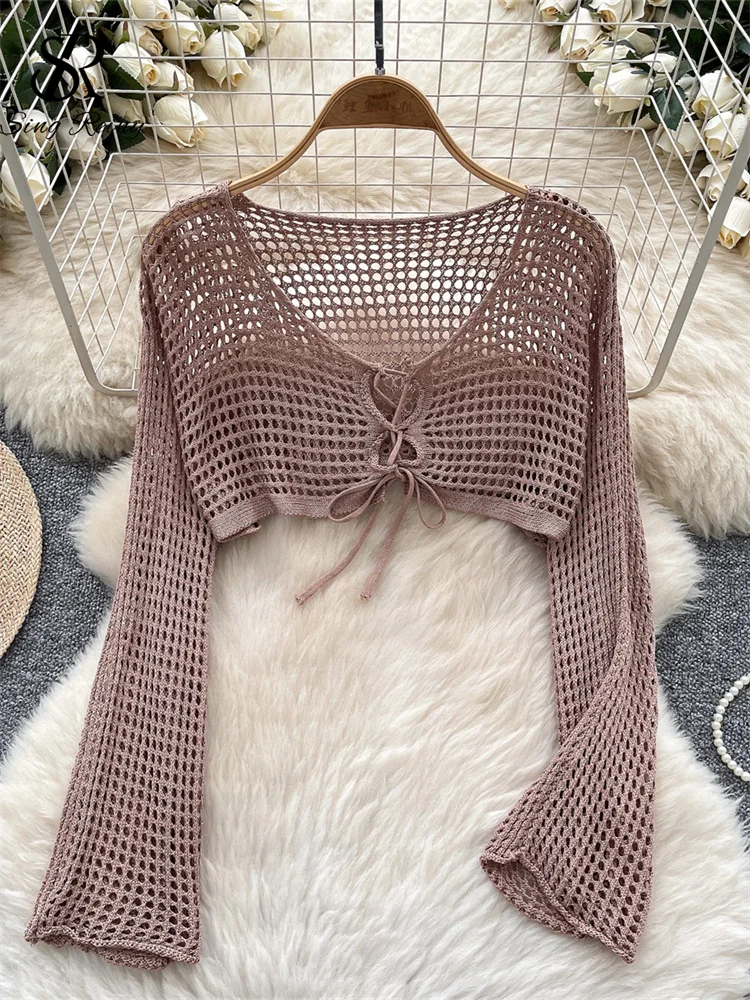 SINGREINY Vacation Style Casual Women Blouses Long Sleeves Knitting Hollow Out Tops Lace Up Design Summer Mini Sun-proof Shirt