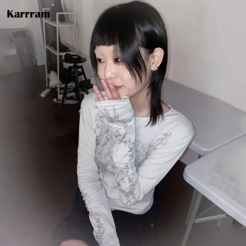Karrram Japanese Y2k Tattoo Print T-shirt Grunge Aesthetics Long Sleeve T Shirts Vintage Harajuku Distressed Tops American Retro