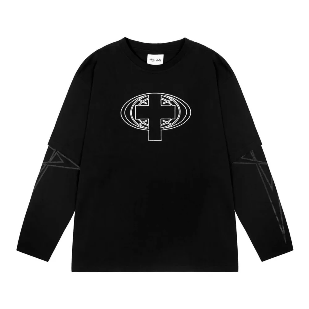 Harajuku Oversized Streetwear Men's Tshirt SC Graphic Print Hip Hop Aesthetic Clothing Fake Two Pieces Long Sleeve Tops Goth Y2k
