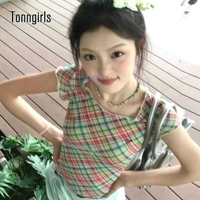 Tonngirls Y2k Vintage T Shirt Women Sleeveless See Through Mesh Tops Streetwear 2000s Japanese Skinny Plaid Crop Tops Summer