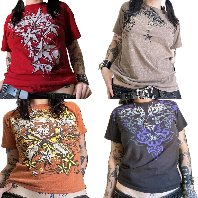 Y2K Kawaii Retro Grunge T-shirt Harajuku Graphic Print Short Sleeve Crop Tops Women Cyber Edgy Techno Tees Japanese Streetwear