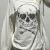 Y2k Aesthetic Women Skull Printing T-shirts Harajuku Skew Collar Autumn Streetwear Punk Tops Harajuku Casual Loose Grunge Tees