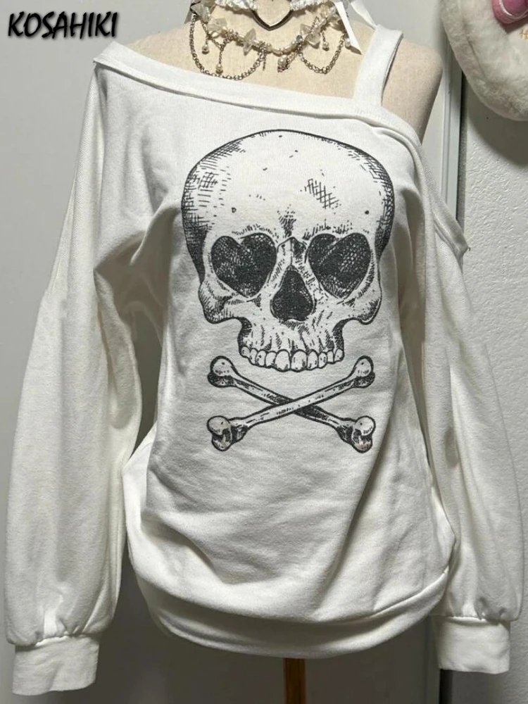 Y2k Aesthetic Women Skull Printing T-shirts Harajuku Skew Collar Autumn Streetwear Punk Tops Harajuku Casual Loose Grunge Tees