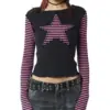Women Star Casual Shirt Y2k Gothic Tops Long Sleeve Crew Neck Star Stripes Vintage Aesthetic Slim Tops Fashion Grunge Streetwear