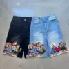 Harajuku Retro Cartoon Print Oversized Wide-leg Pants Gothic Washed Distressed Jeans Men Y2k Fashion Casual Denim Shorts Women