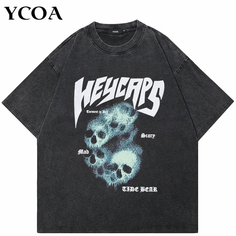 Men's T-Shirt Short Sleeve Tee Skulls Oversized Graphic Tos Washed Black Cotton Vintage Korean Fashion Y2k Streetwear Clothing