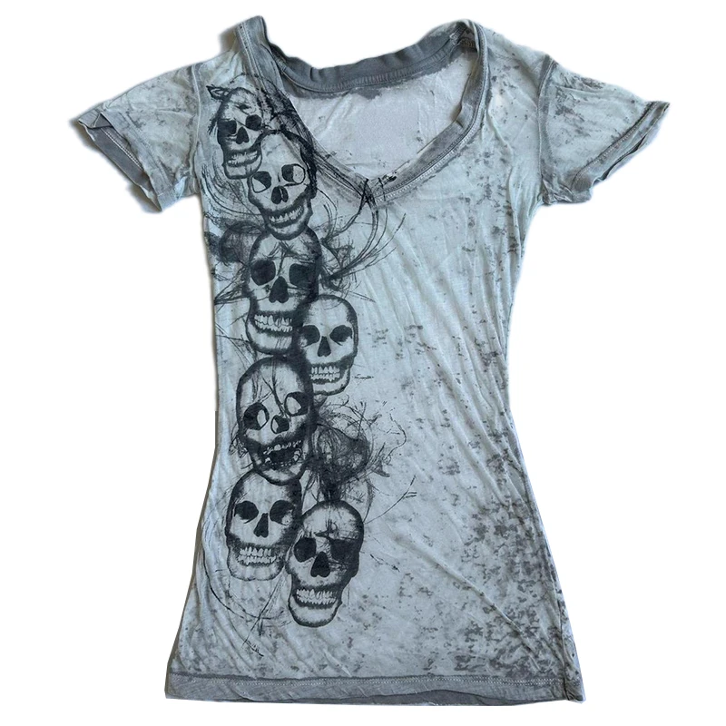 Graphic Tie Dye V Neck Crop Tops Y2K E-girl Gothic Grunge Skull Print Tshirt 2000s Retro Emo Short Sleeve Slim Fit Tees Clothes