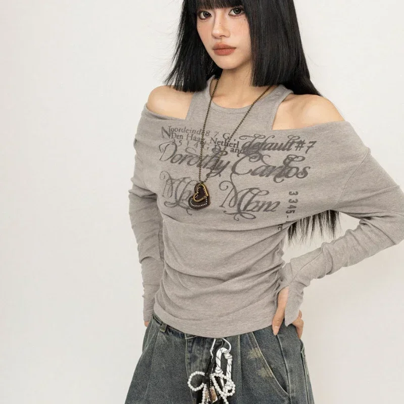 New Popular Americna Vintage Helter Sexy Off The Shoulder Shirt Solid Letter Print Alim Crop Top High Street Y2k Aesthetic Tee