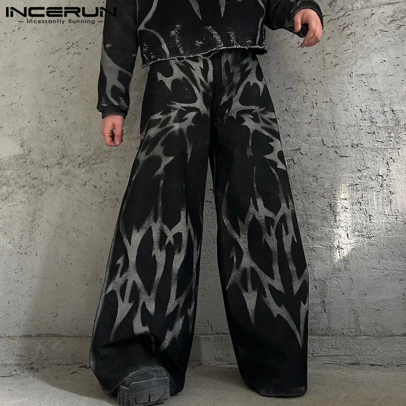 INCERUN Men Street Fashion Loose Long Pants 2024 Casual Printing Wide Leg Trousers Gradient Pattern Handsome Button Male Bottoms