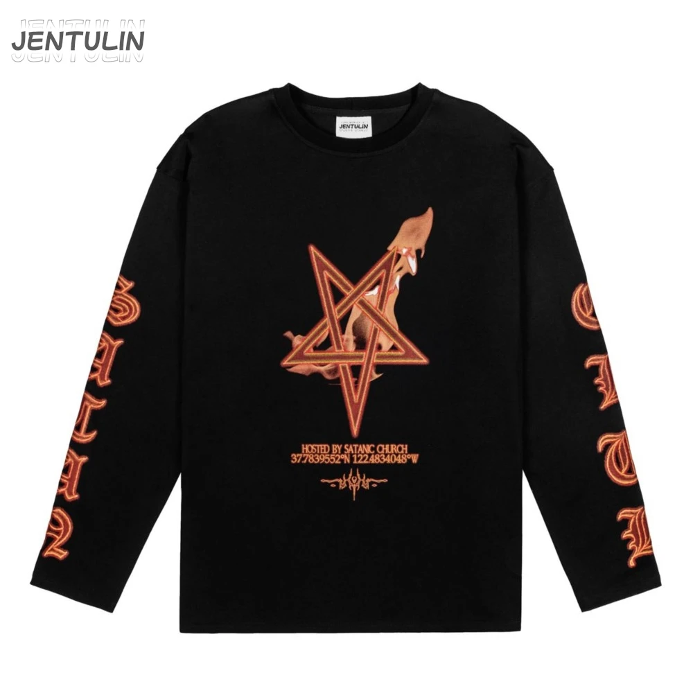 Harajuku Oversized Streetwear Men's Clothing Satan Club Graphic Print Tshirt Cotton Hip Hop Aesthetic Long Sleeve Tops Goth Y2k