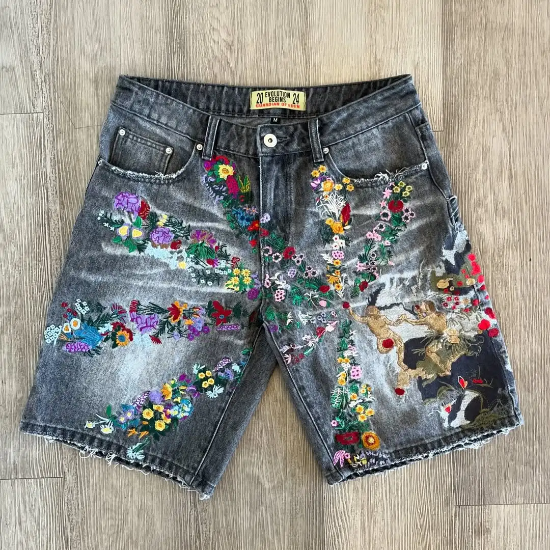 American Fashion Embroidered Denim Shorts Harajuku Hip-hop High Street Denim Shorts Trendy Street Y2k Denim Shorts Men Clothing