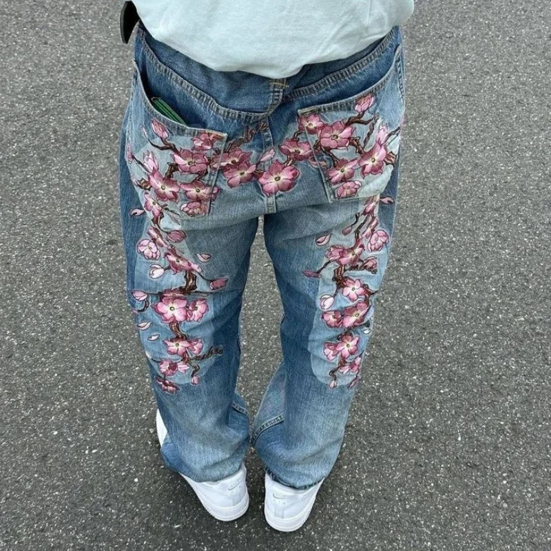 American Gothic Retro Cherry Blossom Embroidery Baggy Jeans Women's Y2K Harajuku Hip-Hop Casual Joker Wide Trousers Street Wear