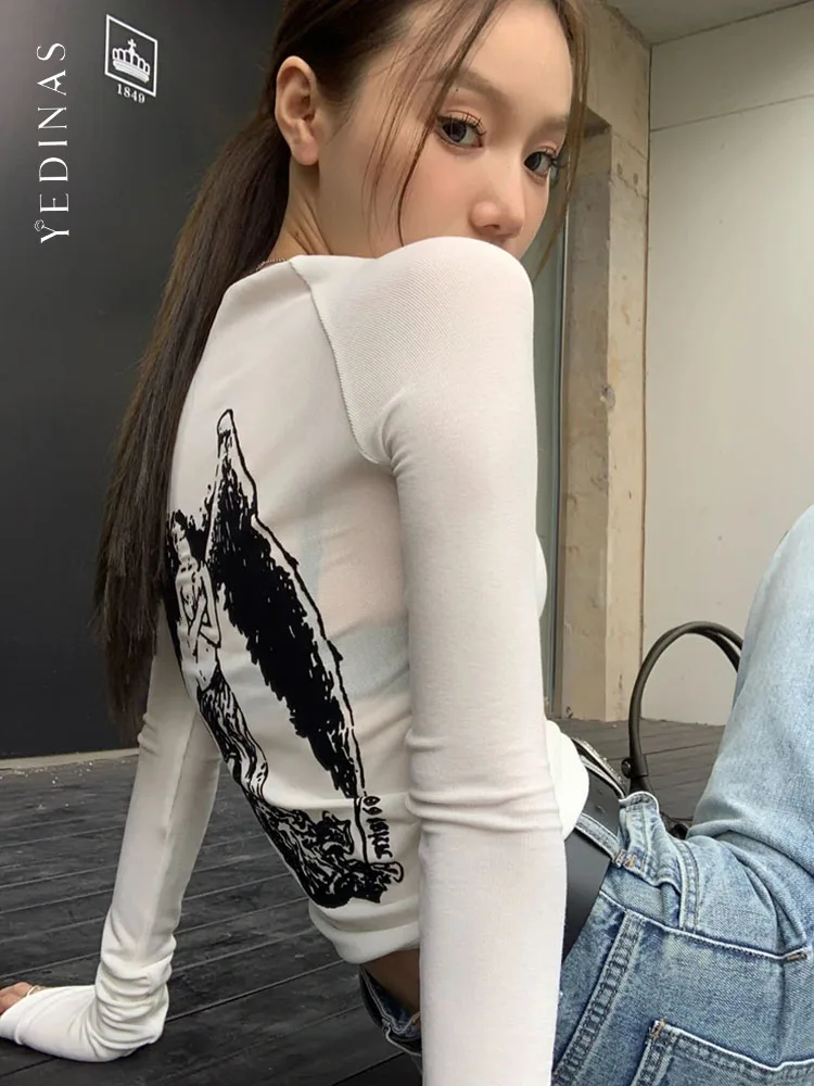 Yedinas Streetwear Print Back Mesh Tops Autumn 2023 Long Sleeve T Shirt Women Clothes Korean Fashion Y2k Slim Tee Shirt Femme