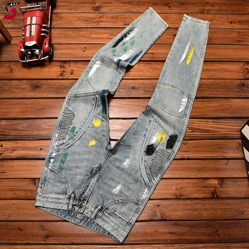 High End Luxury Brand Men'S Jeans With Zipper Straight Tube Slim Fit Casual Fashion Washed Versatile Motorcycle Denim Pants