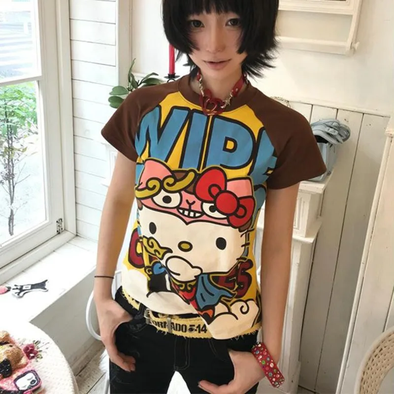 Sanrio Hello Kitty American Style Spicy Girl Tees Contrasting Color Women Summer Short Sleeved T-shirt Korean Version Trend Top