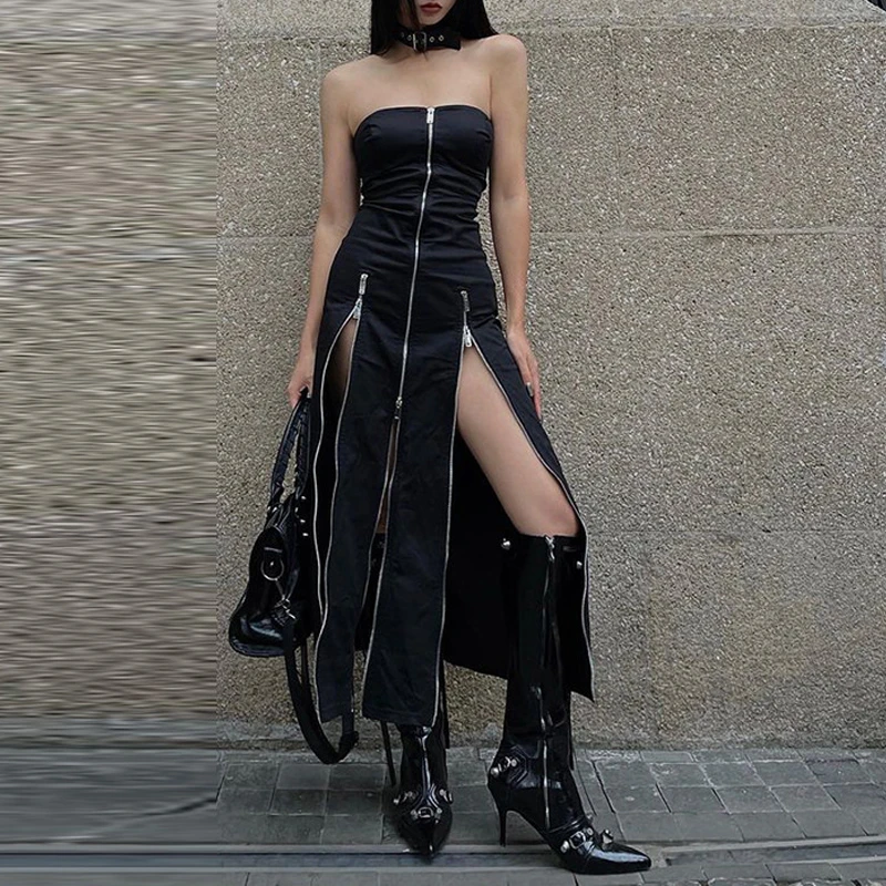 Goth Dark Techwear Fashion Zip Up Midi Dresses Cyber Y2k Mall Gothic Split Women Tube Dress Partywear Punk Off Shoulder Outfits