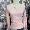 Three Buttons Ribbed Long Sleeve T-shirts Women Autumn Soft Cotton O-Neck Vintage Top Female Sweet Cute Pink Y2k Streetwear Tees