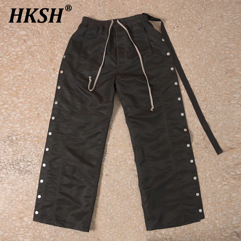 HKSH RO Dark Black Style Nylon Breasted Casual Pants Decorative Metal Buckles Straight Men's Tide Loose Women's Trousers
