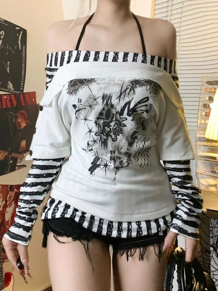 HOUZHOU Y2k Streetwear Grunge T Shirts Women American Retro Gothic Striped Patchwork Fake Two-piece Long Sleeve Tees Tops 2000s