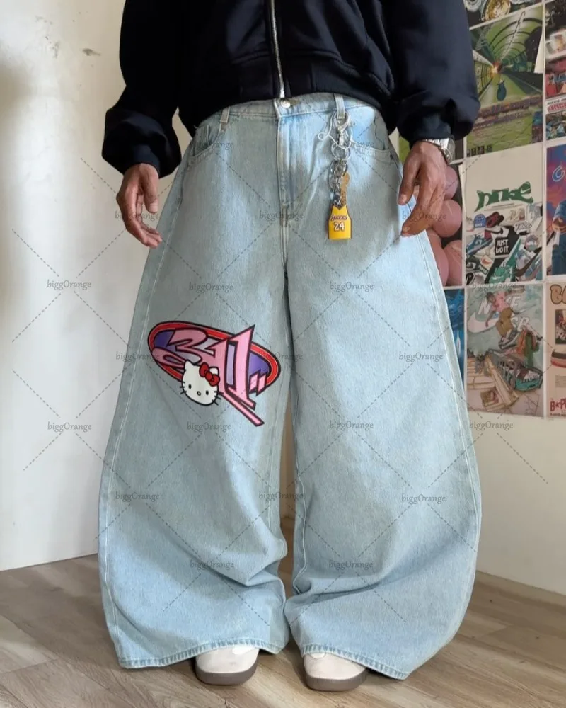 American Baggy Washed Jeans Retro Harajuku Cartoon Print Straight-Shirt-Legging Pants Men Casual Loose Hip Hop Streetwear Women