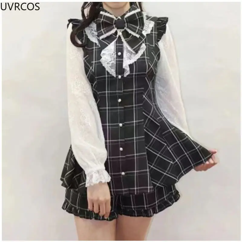 Japanese Style Sweet Lolita Party Dress Women Gothic Bow Lace Ruffles Plaid Long Sleeve Slim Dress Vintage Elegant Mini Dresses