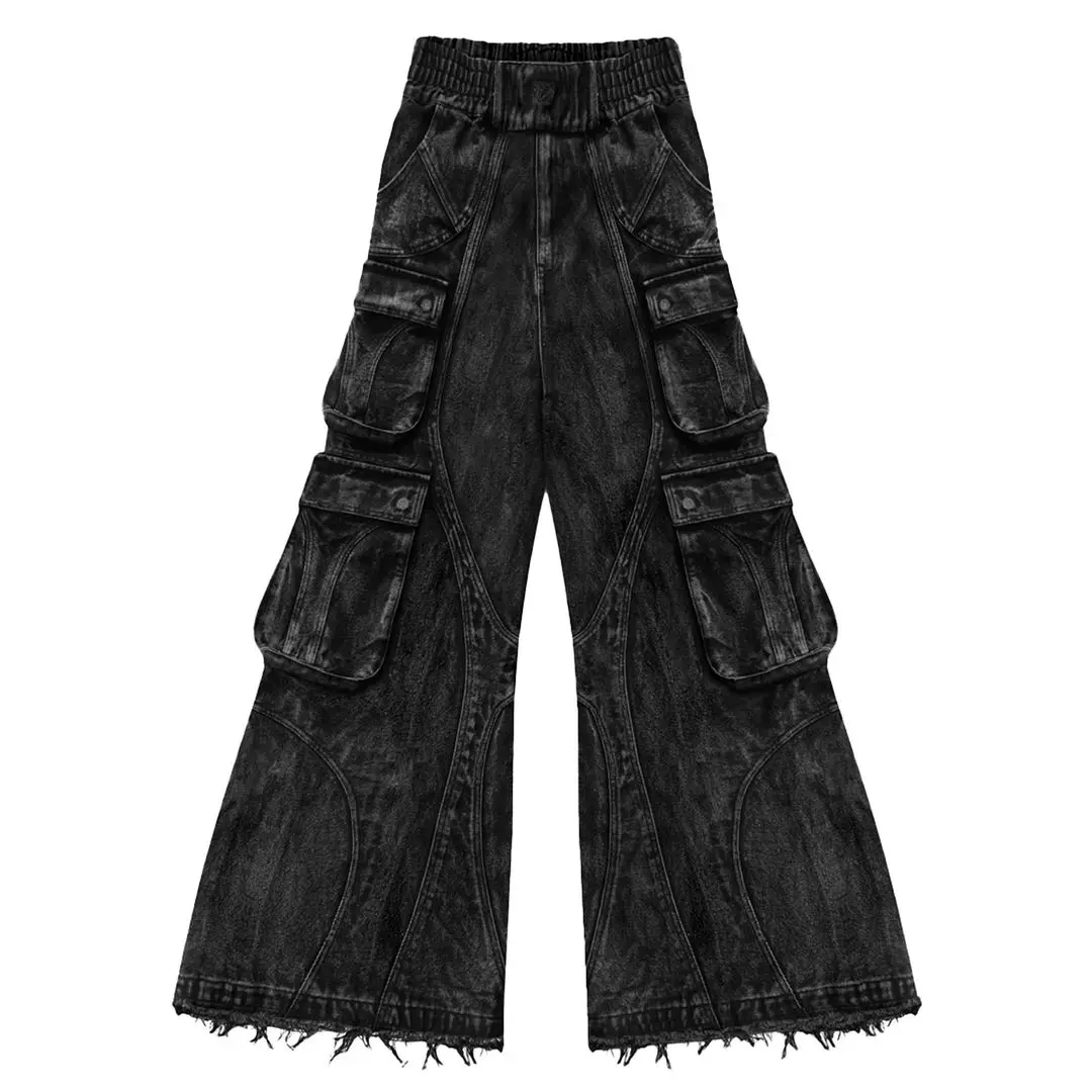 Gothic Retro Y2K Distressed Washed Multi-Pocket Pattern Black Jeans Men's Autumn Loose Street Trend Hip Hop Rap Wide Leg Pants
