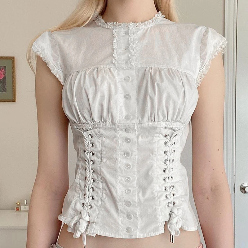 y2k White Crop Top Button Ruffle Trim Tie up Short Sleeve T Shirt Women Fairycore Balletcore Chic Tee Summer Korean 90s Clothes