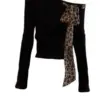Off shoulder Y2k Bow Tied Long sleeve Leopard T Shirt Women Sexy Elegant Tight Basic Crop Top Lady Casual Black Tees 2024 Korean