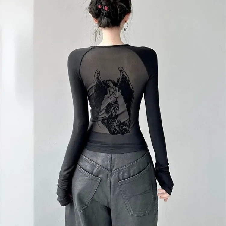 Black Retro Angel Print T-shirt for Women 2025 Autumn Fashion Slim Fit Tee Shirt Y2k E-Girl Long Sleeve Bottoming Tops Mujer