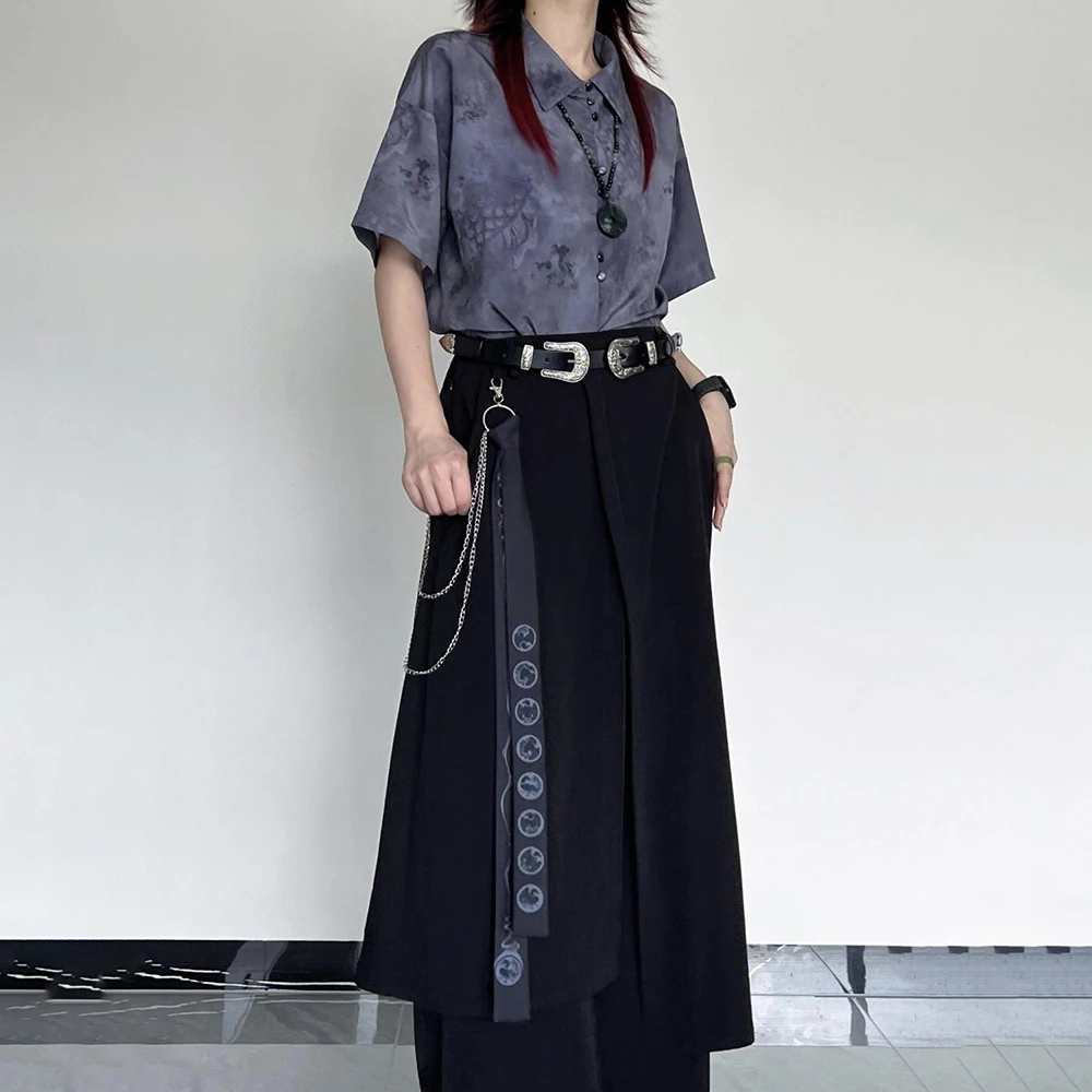 Gothic Dark Style Culottes Ribbon Decoration Layered Hakama Genderless Streetwear Fashion Stitching Samurai Pants Unisex 2024