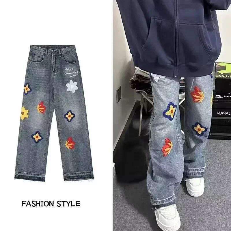 Autumn Men's Flower Embroidery Y2K Jeans Hip Hop Fashion Baggy Denim Trousers Women's Vintage Streetwear Blue Straight Jean