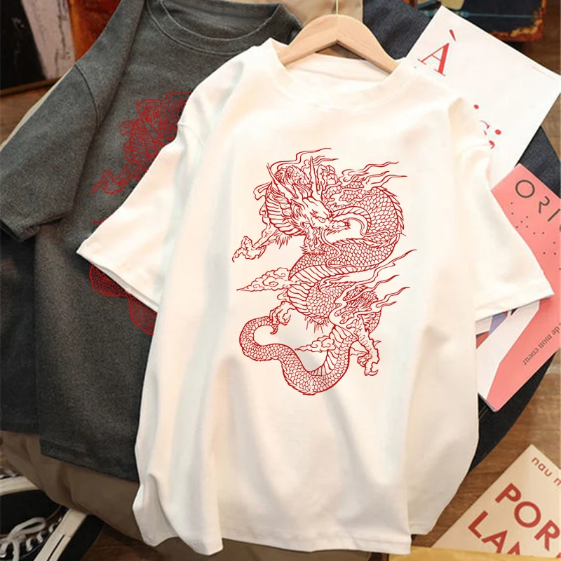 Harajuku Women T-shirt Chinese Dragon Aesthetic Short Sleeve T-shirt O-Neck Fashion Woman Blouses 2022 Summer Y2K Clothes Tops