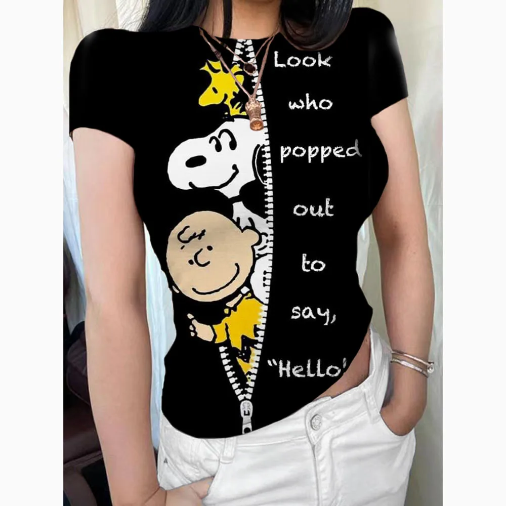 Women's short sleeved tight fitting T-shirt casual round neck Snoopy slim fit T-shirt summer sexy top women's Y2K top clothes